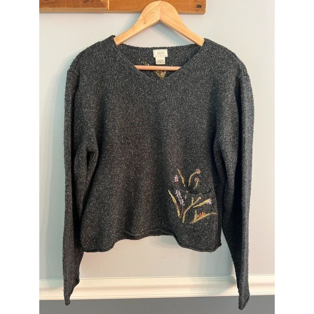 ALPS Silk Cotton Embroidered Sweater Medium Floral V Neck Y2K